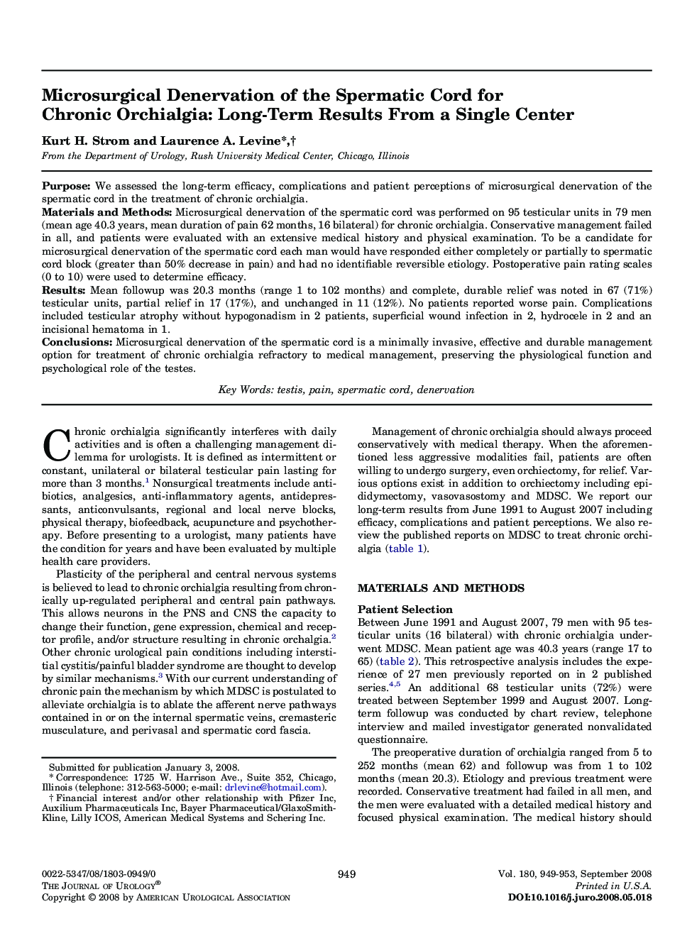 Microsurgical Denervation of the Spermatic Cord for Chronic Orchialgia: Long-Term Results From a Single Center