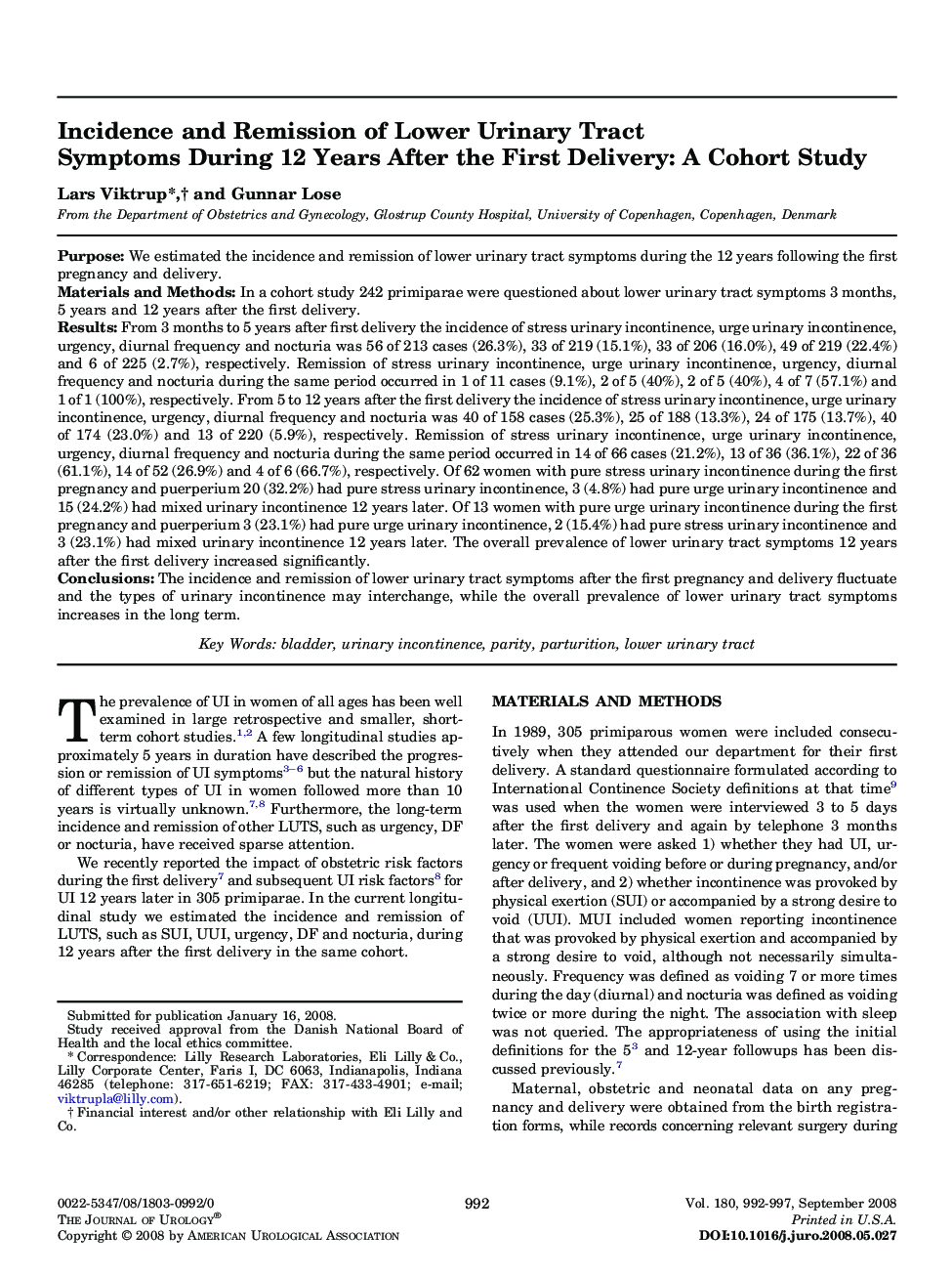 Incidence and Remission of Lower Urinary Tract Symptoms During 12 Years After the First Delivery: A Cohort Study 