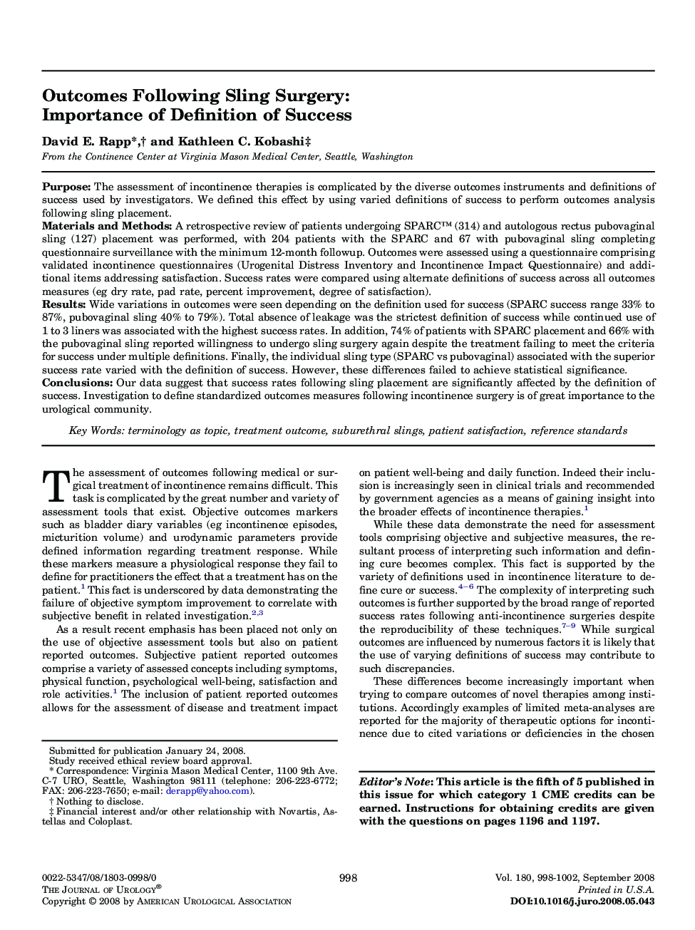 Outcomes Following Sling Surgery: Importance of Definition of Success 