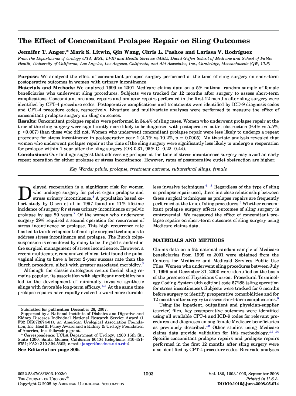 The Effect of Concomitant Prolapse Repair on Sling Outcomes 