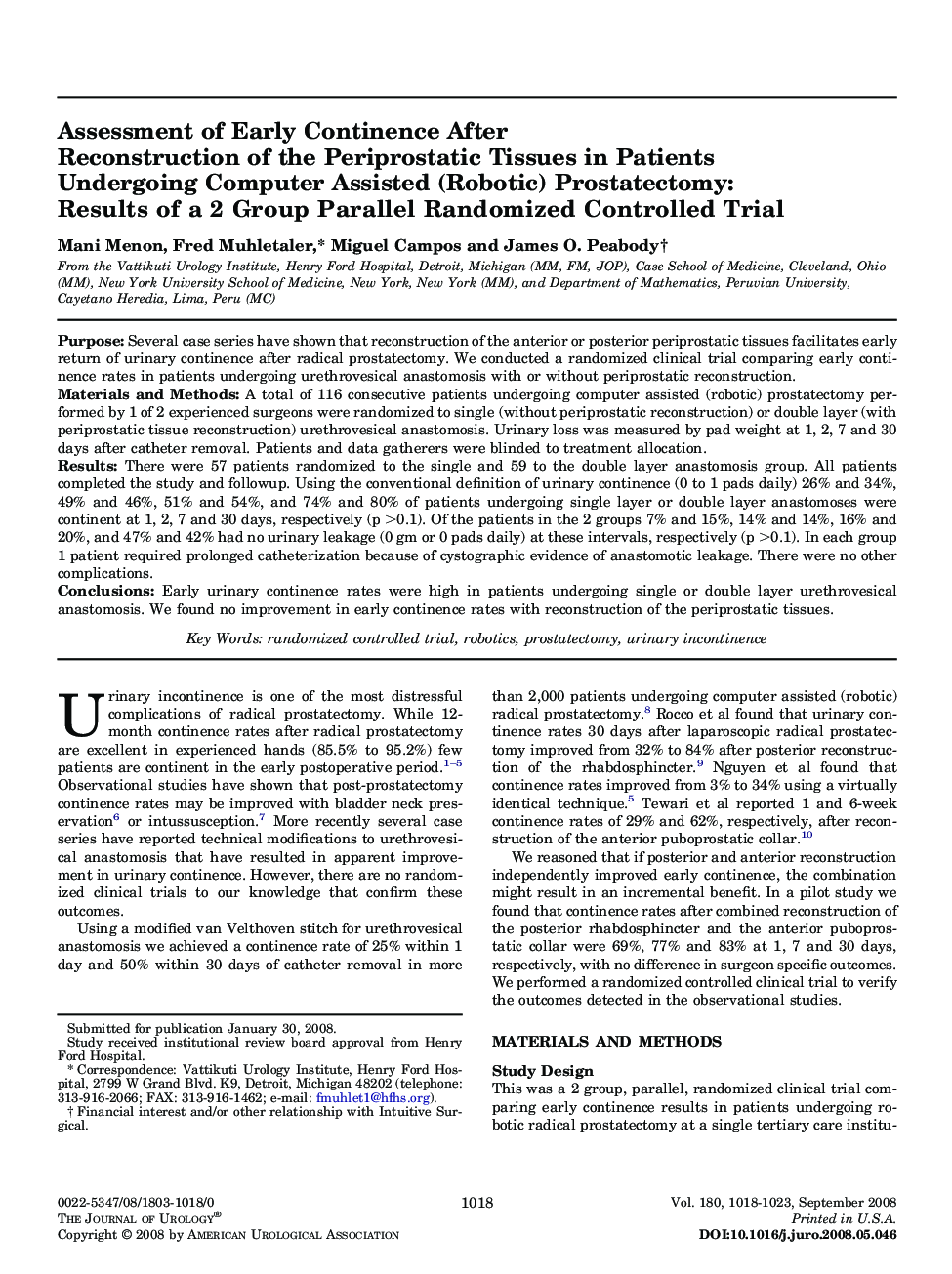 Assessment of Early Continence After Reconstruction of the Periprostatic Tissues in Patients Undergoing Computer Assisted (Robotic) Prostatectomy: Results of a 2 Group Parallel Randomized Controlled Trial 