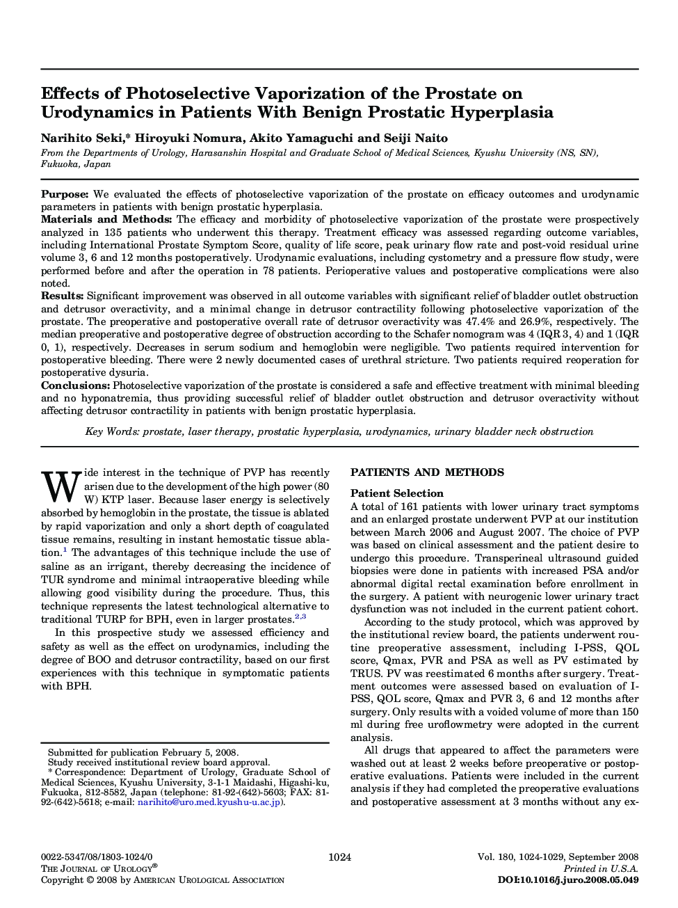 Effects of Photoselective Vaporization of the Prostate on Urodynamics in Patients With Benign Prostatic Hyperplasia 