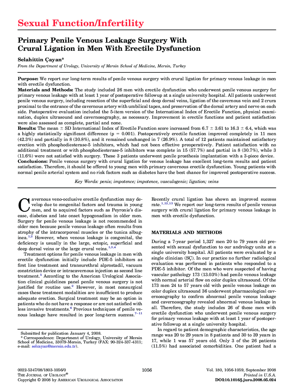 Primary Penile Venous Leakage Surgery With Crural Ligation in Men With Erectile Dysfunction