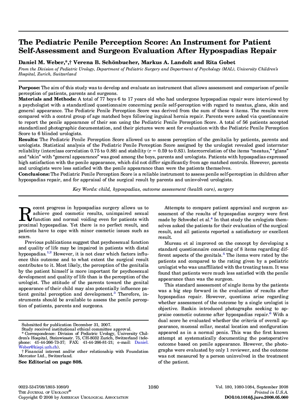 The Pediatric Penile Perception Score: An Instrument for Patient Self-Assessment and Surgeon Evaluation After Hypospadias Repair