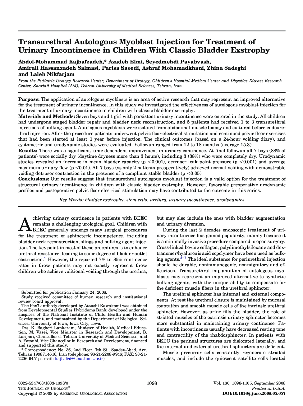 Transurethral Autologous Myoblast Injection for Treatment of Urinary Incontinence in Children With Classic Bladder Exstrophy 