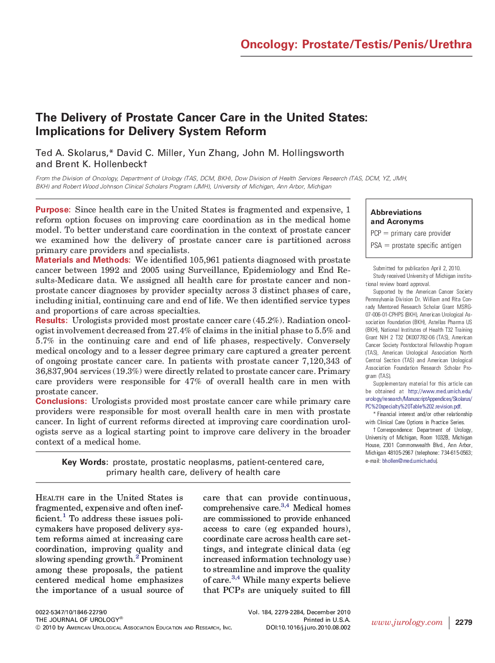 The Delivery of Prostate Cancer Care in the United States: Implications for Delivery System Reform