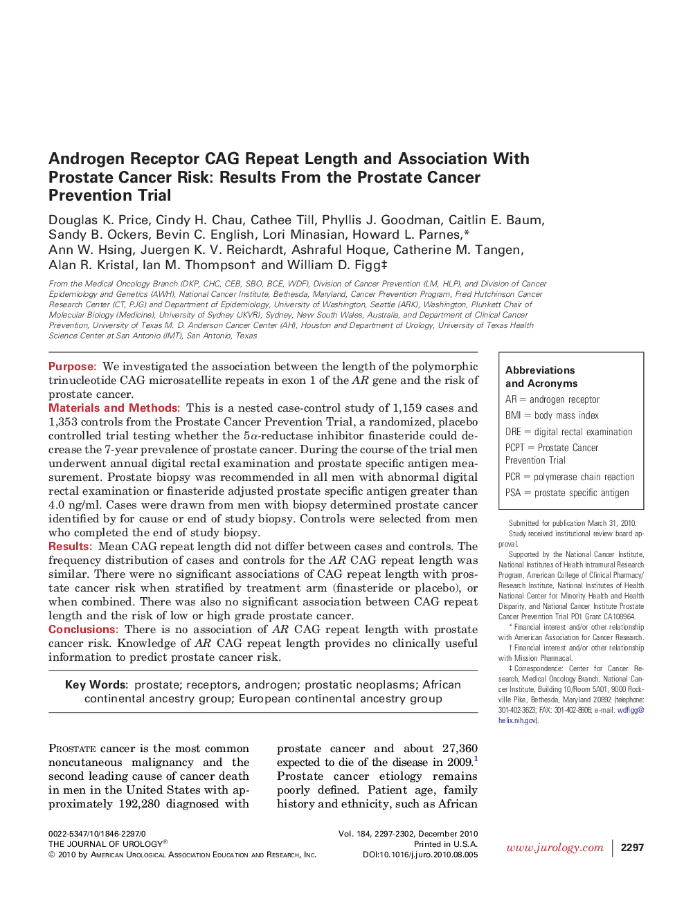 Androgen Receptor CAG Repeat Length and Association With Prostate Cancer Risk: Results From the Prostate Cancer Prevention Trial