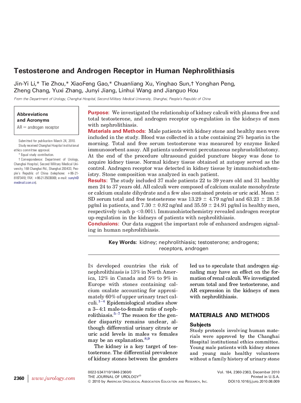 Testosterone and Androgen Receptor in Human Nephrolithiasis 