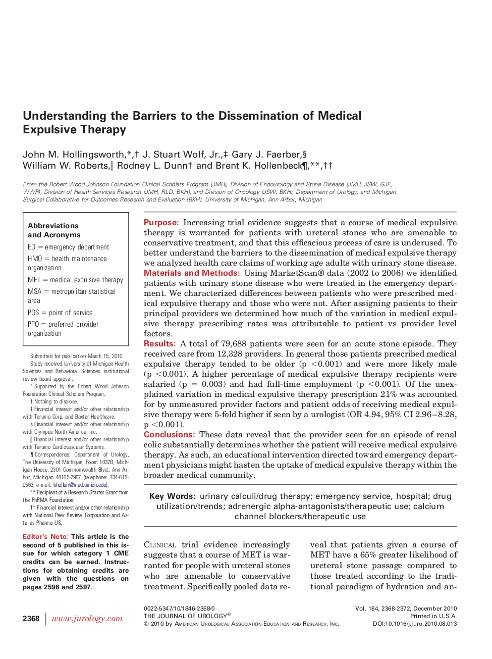 Understanding the Barriers to the Dissemination of Medical Expulsive Therapy 