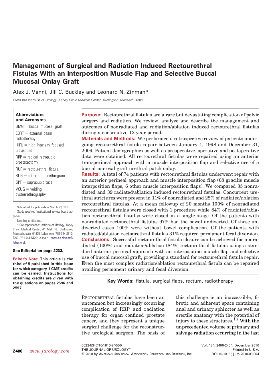 Management of Surgical and Radiation Induced Rectourethral Fistulas With an Interposition Muscle Flap and Selective Buccal Mucosal Onlay Graft