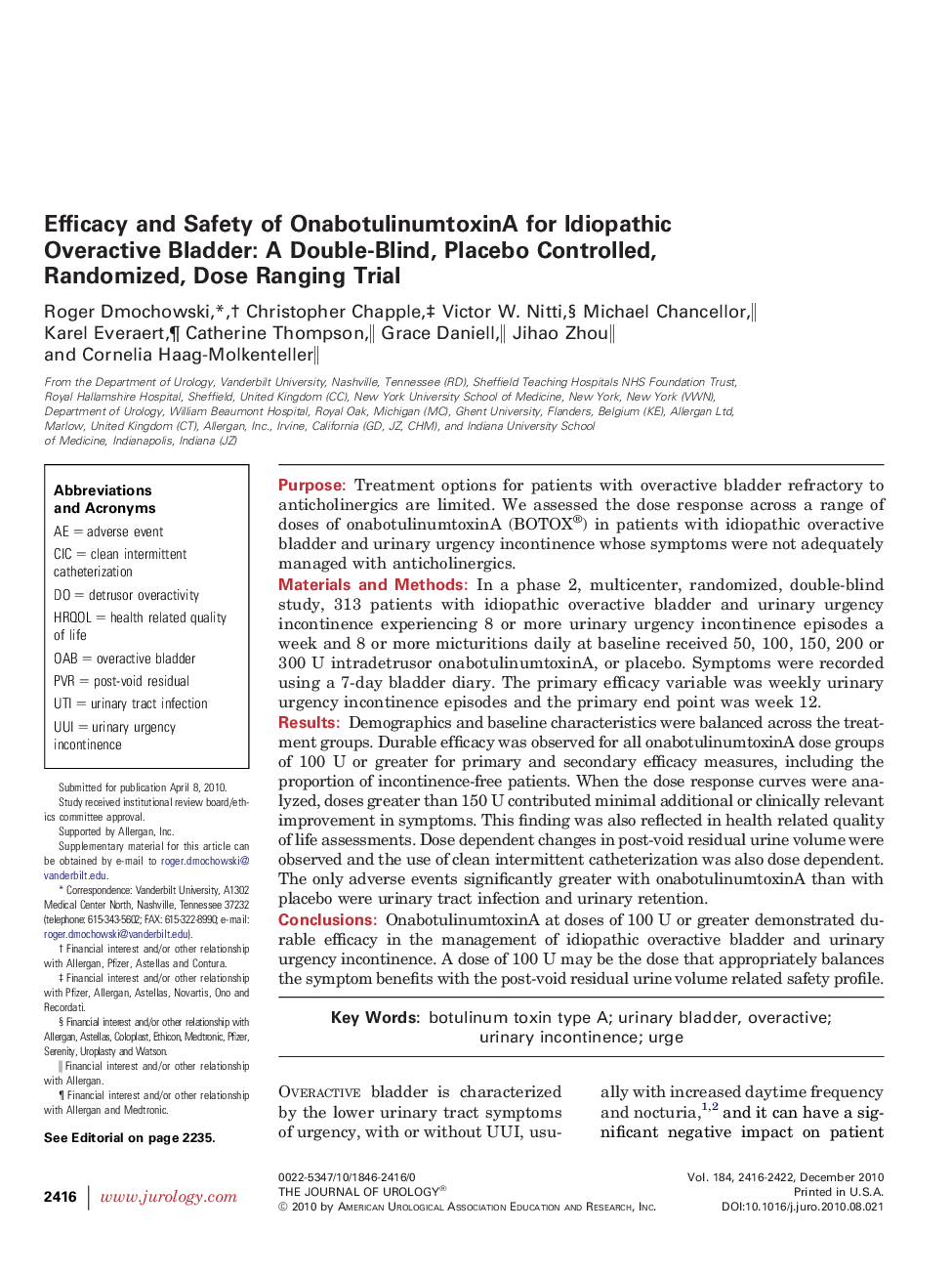 Efficacy and Safety of OnabotulinumtoxinA for Idiopathic Overactive Bladder: A Double-Blind, Placebo Controlled, Randomized, Dose Ranging Trial 