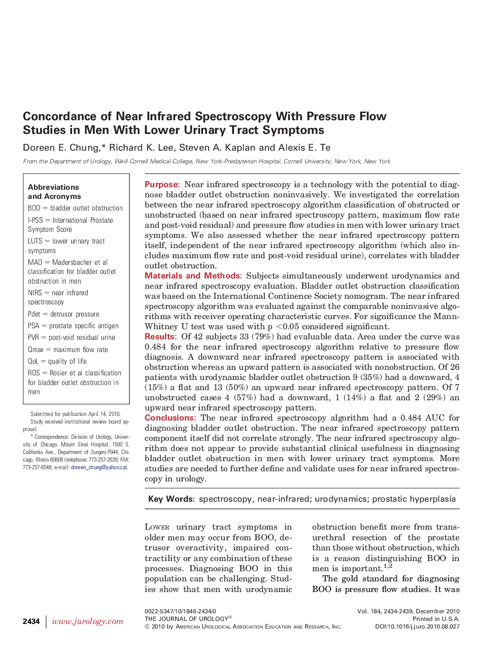 Concordance of Near Infrared Spectroscopy With Pressure Flow Studies in Men With Lower Urinary Tract Symptoms 