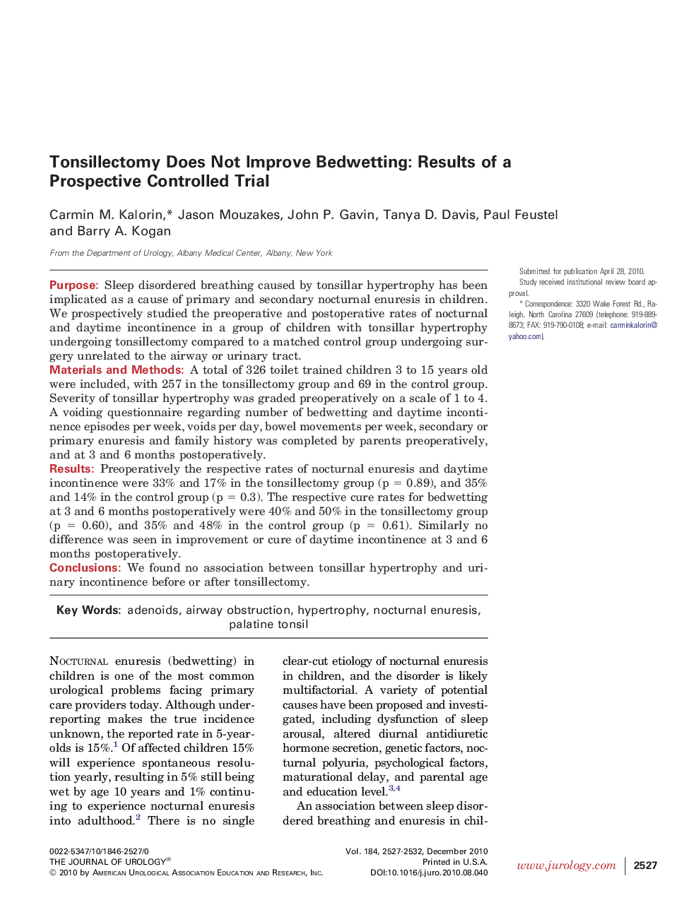 Tonsillectomy Does Not Improve Bedwetting: Results of a Prospective Controlled Trial 