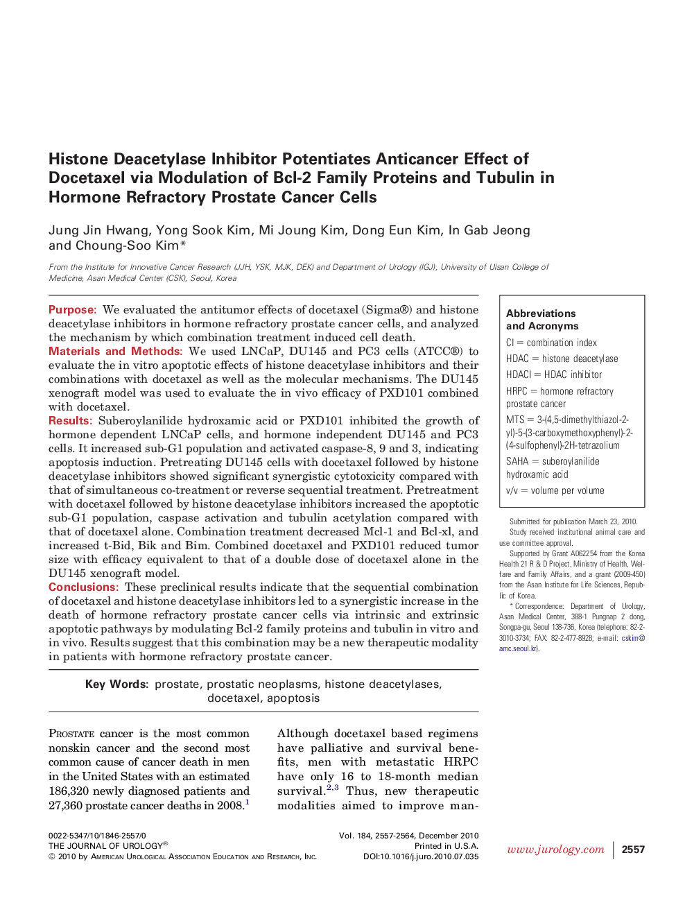 Histone Deacetylase Inhibitor Potentiates Anticancer Effect of Docetaxel via Modulation of Bcl-2 Family Proteins and Tubulin in Hormone Refractory Prostate Cancer Cells 