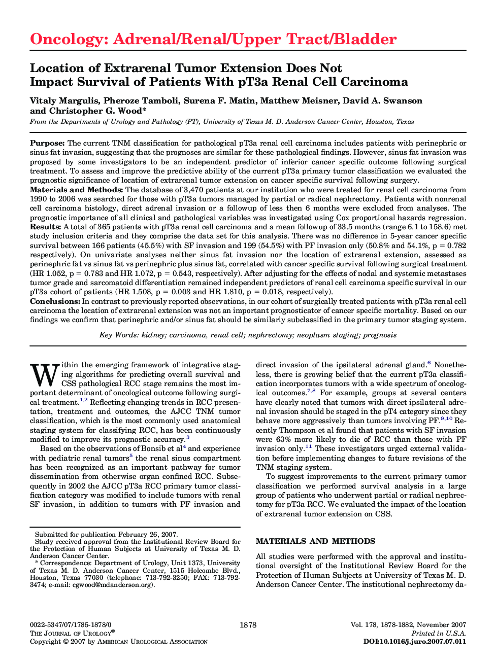 Location of Extrarenal Tumor Extension Does Not Impact Survival of Patients With pT3a Renal Cell Carcinoma