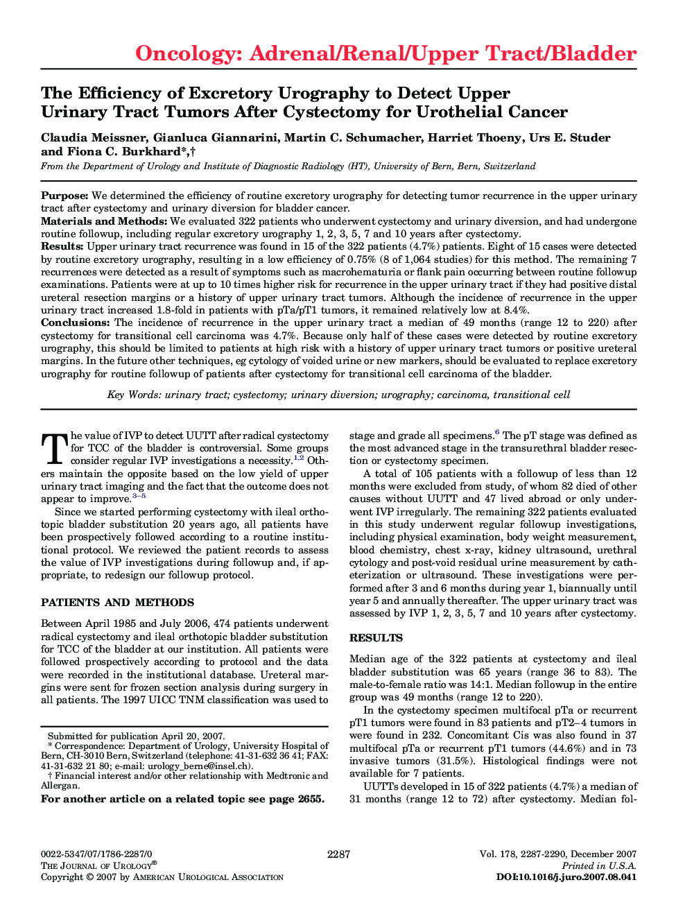 The Efficiency of Excretory Urography to Detect Upper Urinary Tract Tumors After Cystectomy for Urothelial Cancer 