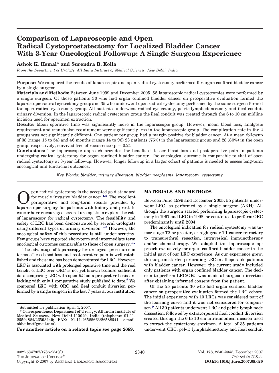 Comparison of Laparoscopic and Open Radical Cystoprostatectomy for Localized Bladder Cancer With 3-Year Oncological Followup: A Single Surgeon Experience