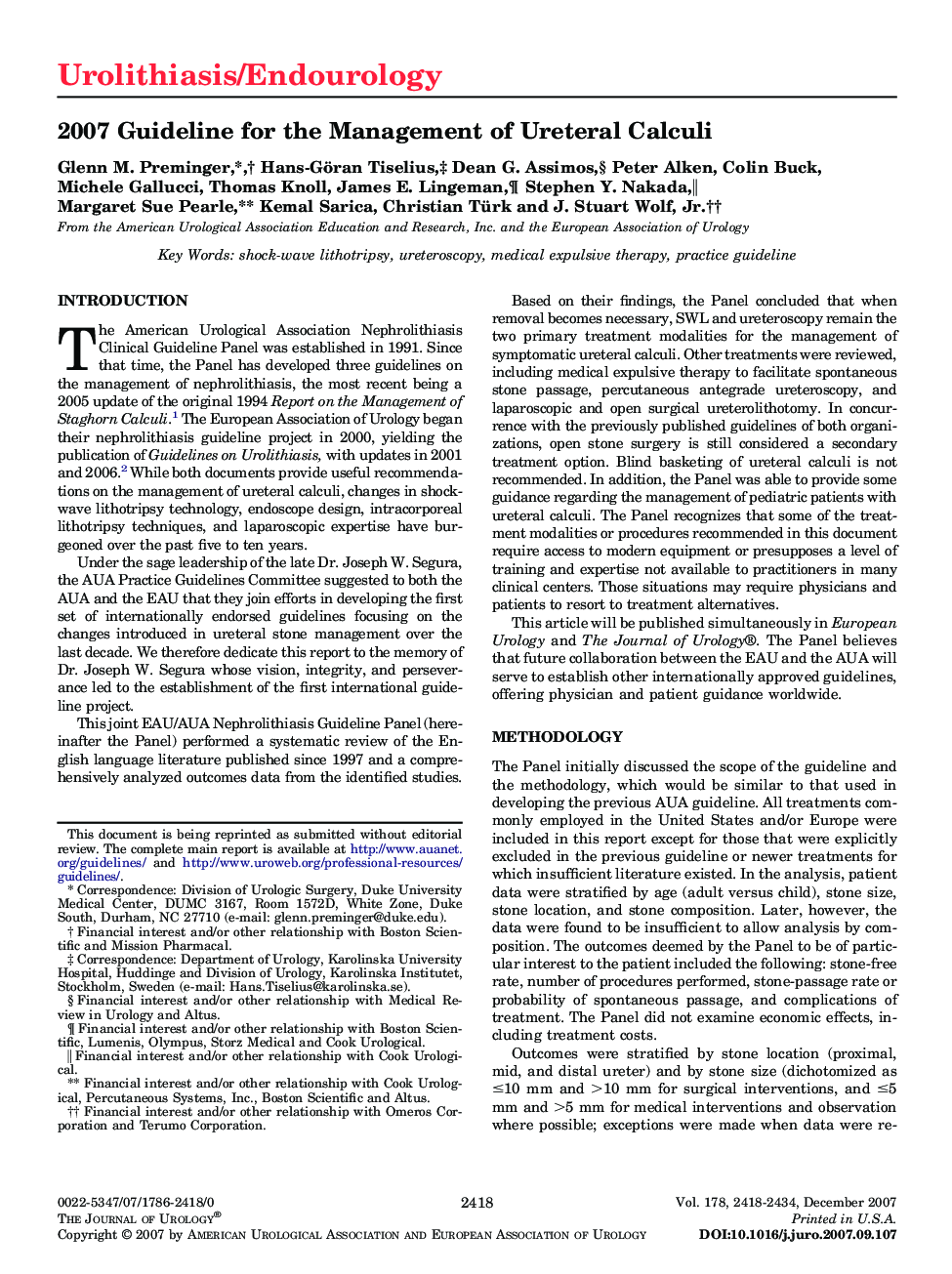 2007 Guideline for the Management of Ureteral Calculi