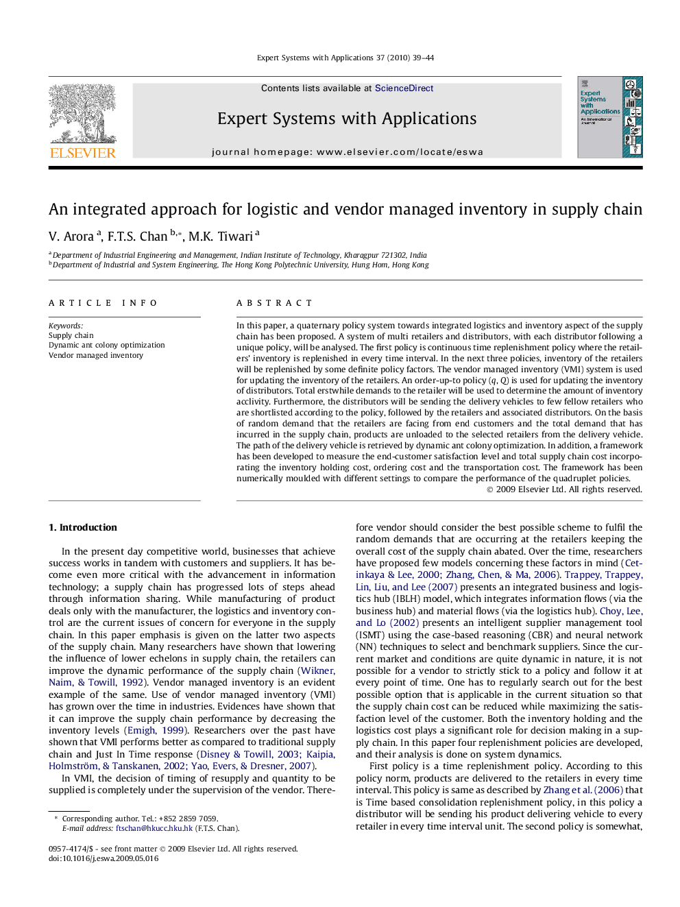 An integrated approach for logistic and vendor managed inventory in supply chain