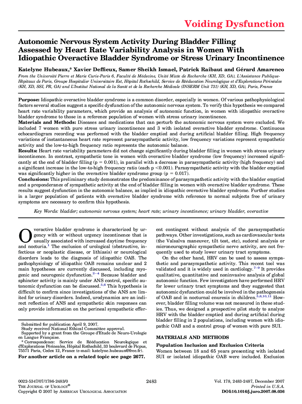 Autonomic Nervous System Activity During Bladder Filling Assessed by Heart Rate Variability Analysis in Women With Idiopathic Overactive Bladder Syndrome or Stress Urinary Incontinence 