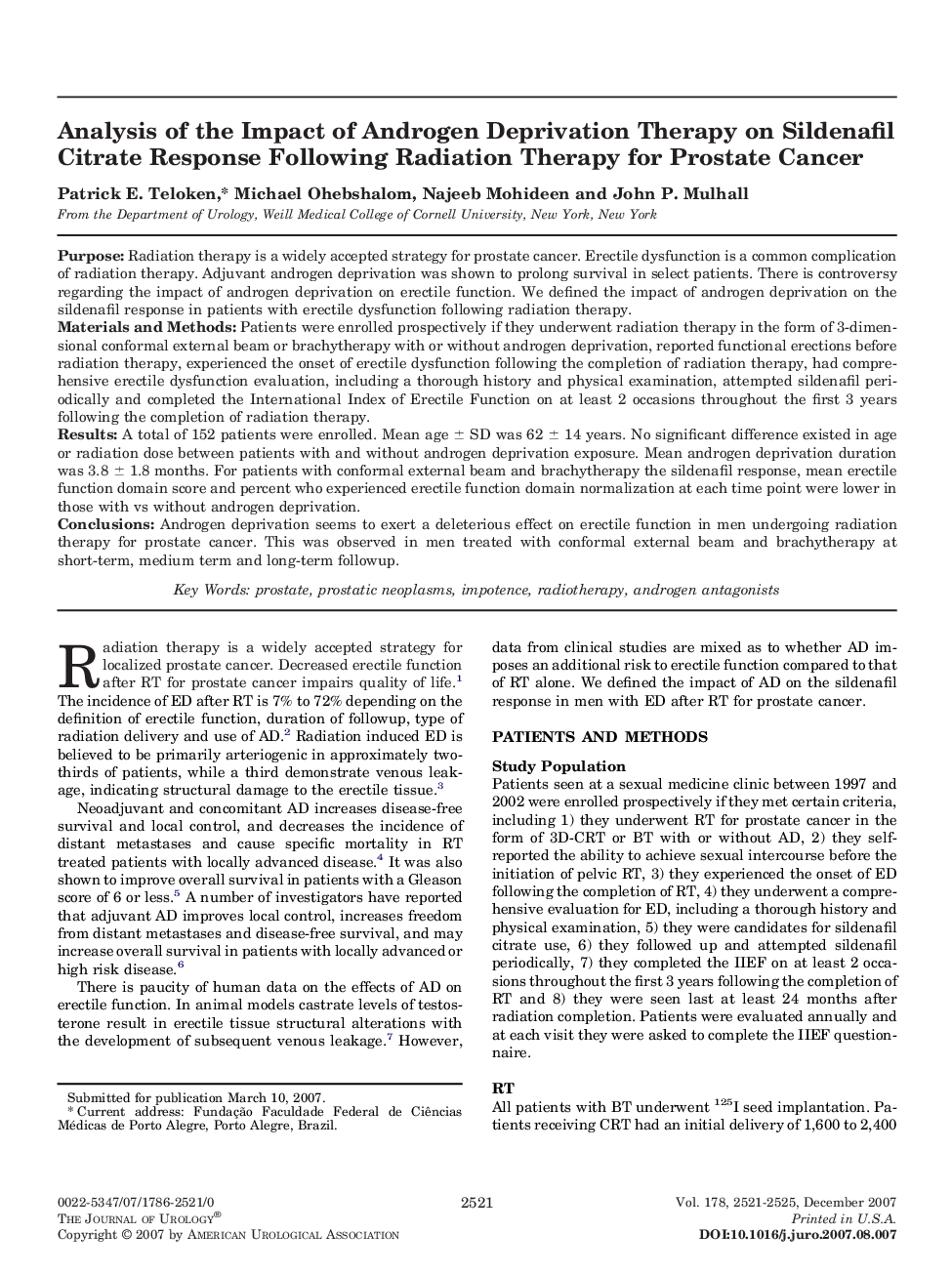 Analysis of the Impact of Androgen Deprivation Therapy on Sildenafil Citrate Response Following Radiation Therapy for Prostate Cancer