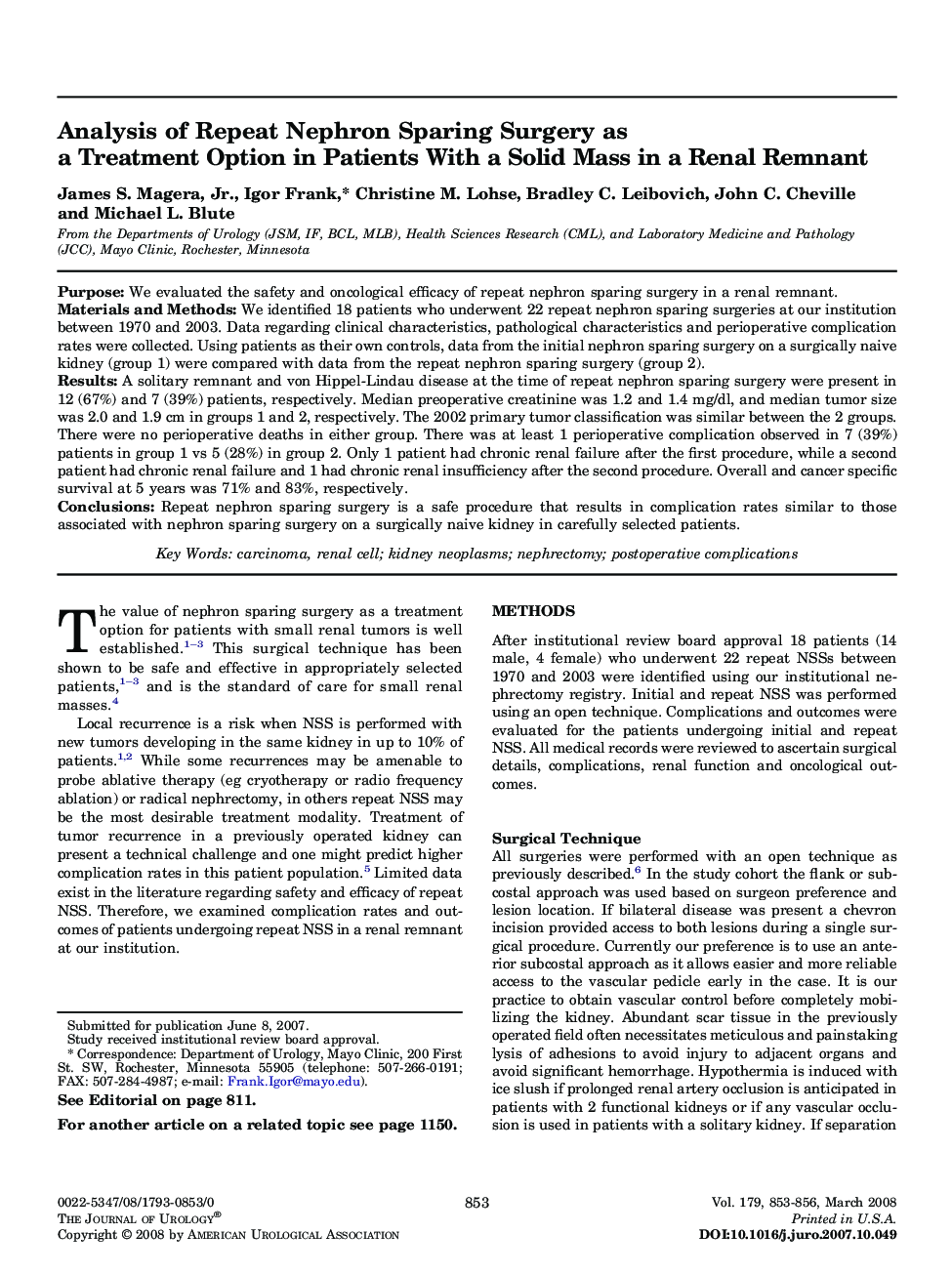 Analysis of Repeat Nephron Sparing Surgery as a Treatment Option in Patients With a Solid Mass in a Renal Remnant 