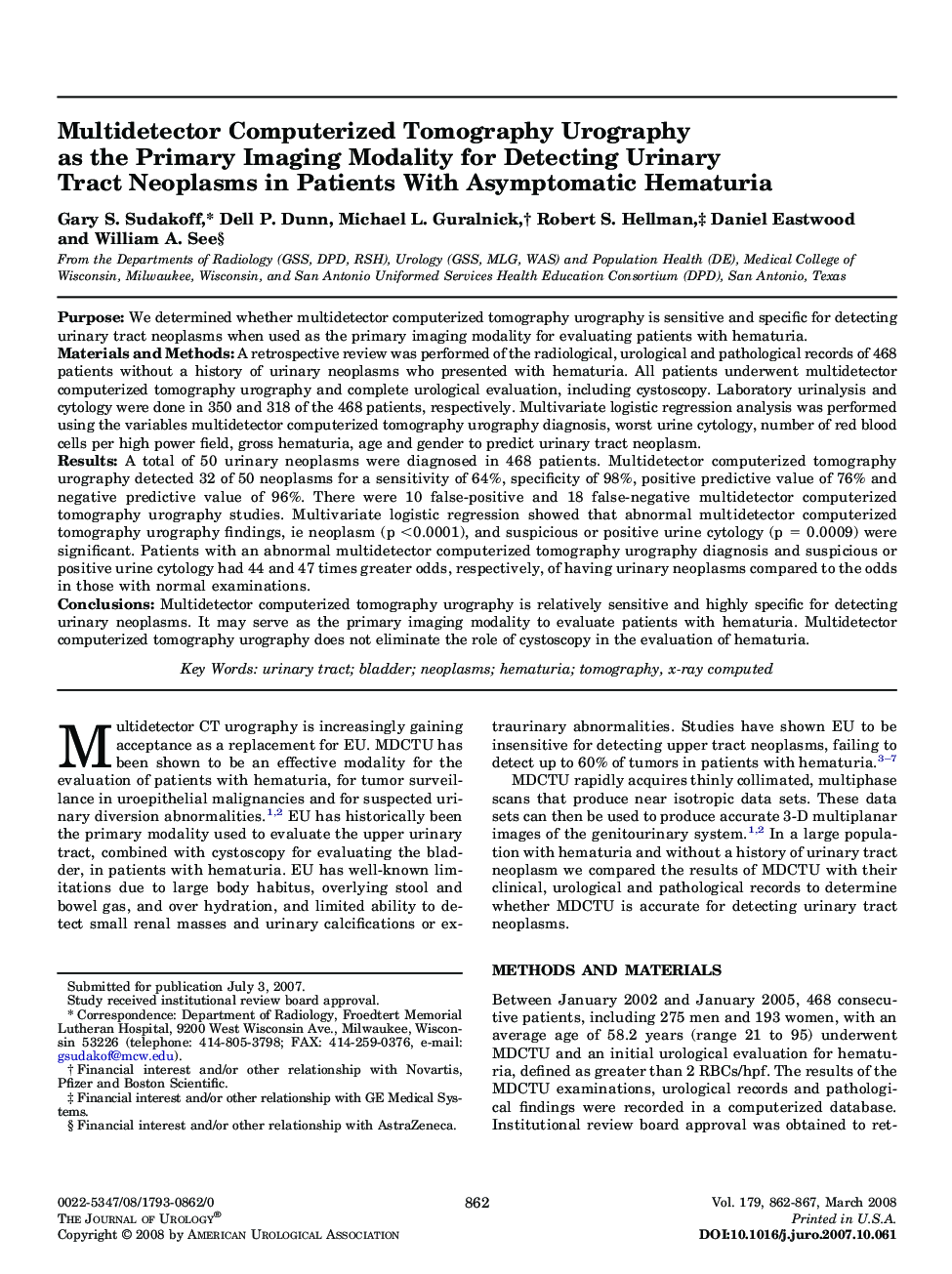 Multidetector Computerized Tomography Urography as the Primary Imaging Modality for Detecting Urinary Tract Neoplasms in Patients With Asymptomatic Hematuria 