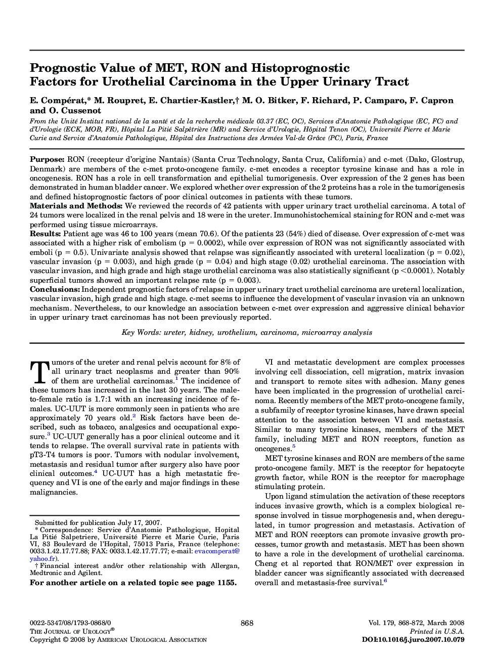 Prognostic Value of MET, RON and Histoprognostic Factors for Urothelial Carcinoma in the Upper Urinary Tract 