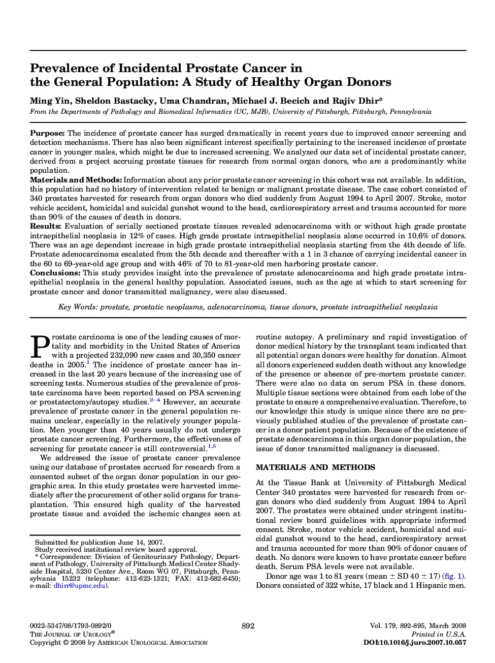 Prevalence of Incidental Prostate Cancer in the General Population: A Study of Healthy Organ Donors 