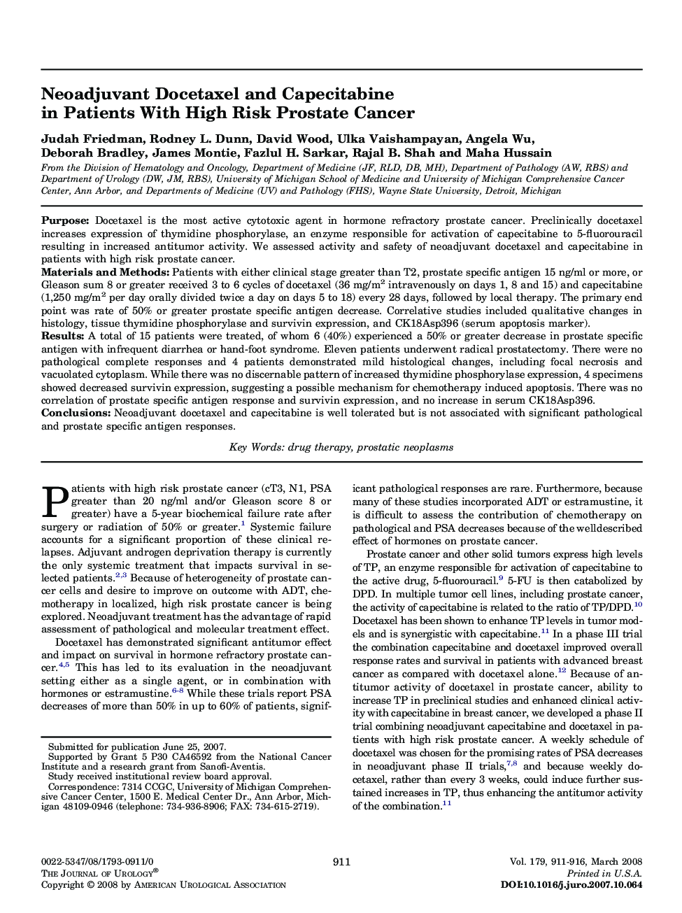 Neoadjuvant Docetaxel and Capecitabine in Patients With High Risk Prostate Cancer 