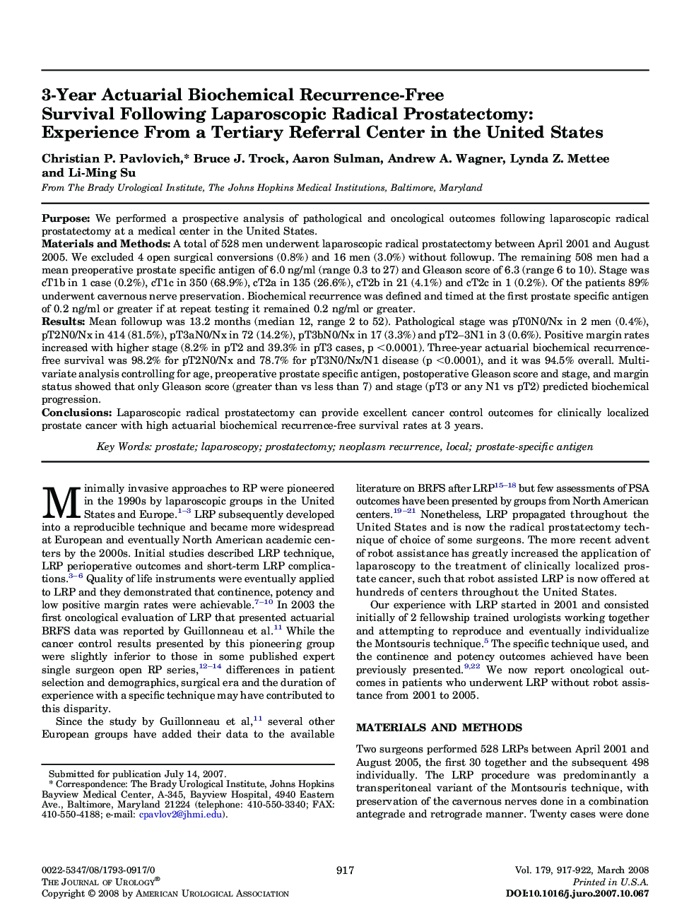 3-Year Actuarial Biochemical Recurrence-Free Survival Following Laparoscopic Radical Prostatectomy: Experience From a Tertiary Referral Center in the United States
