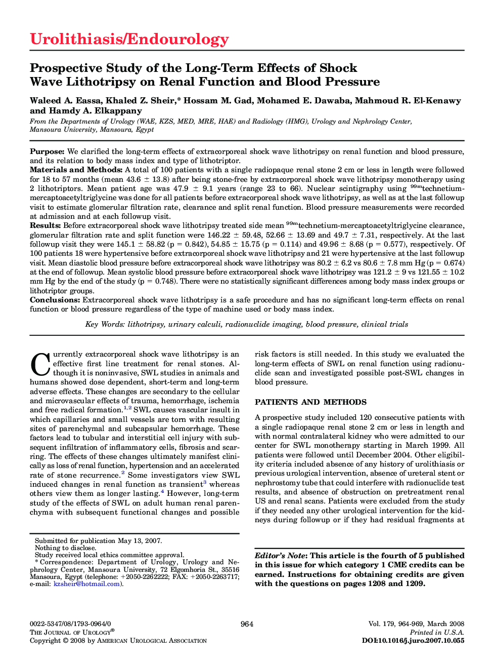 Prospective Study of the Long-Term Effects of Shock Wave Lithotripsy on Renal Function and Blood Pressure 