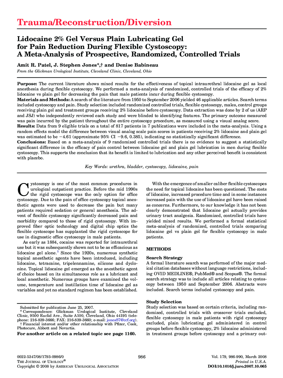 Lidocaine 2% Gel Versus Plain Lubricating Gel for Pain Reduction During Flexible Cystoscopy: A Meta-Analysis of Prospective, Randomized, Controlled Trials 