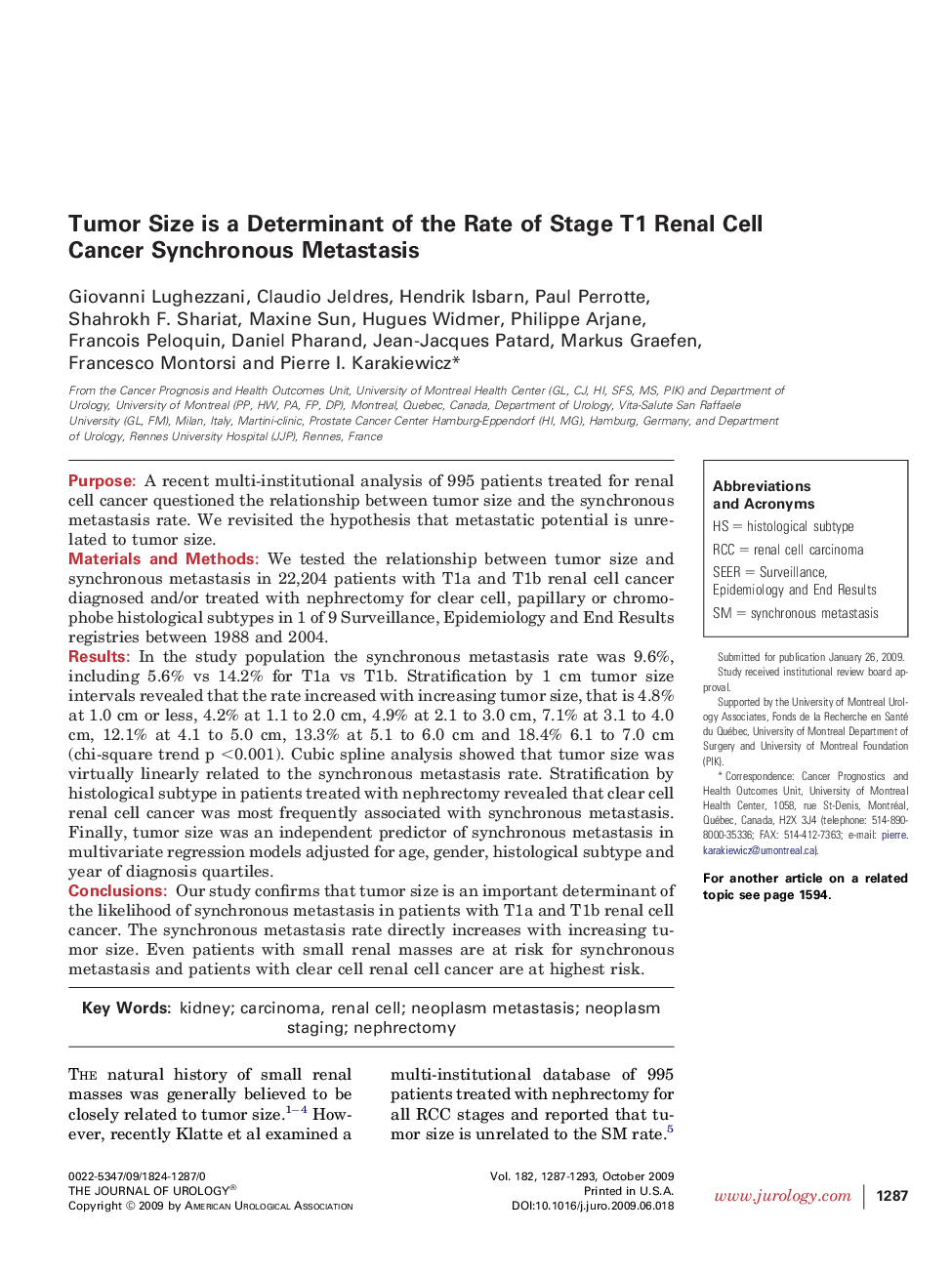 Tumor Size is a Determinant of the Rate of Stage T1 Renal Cell Cancer Synchronous Metastasis 