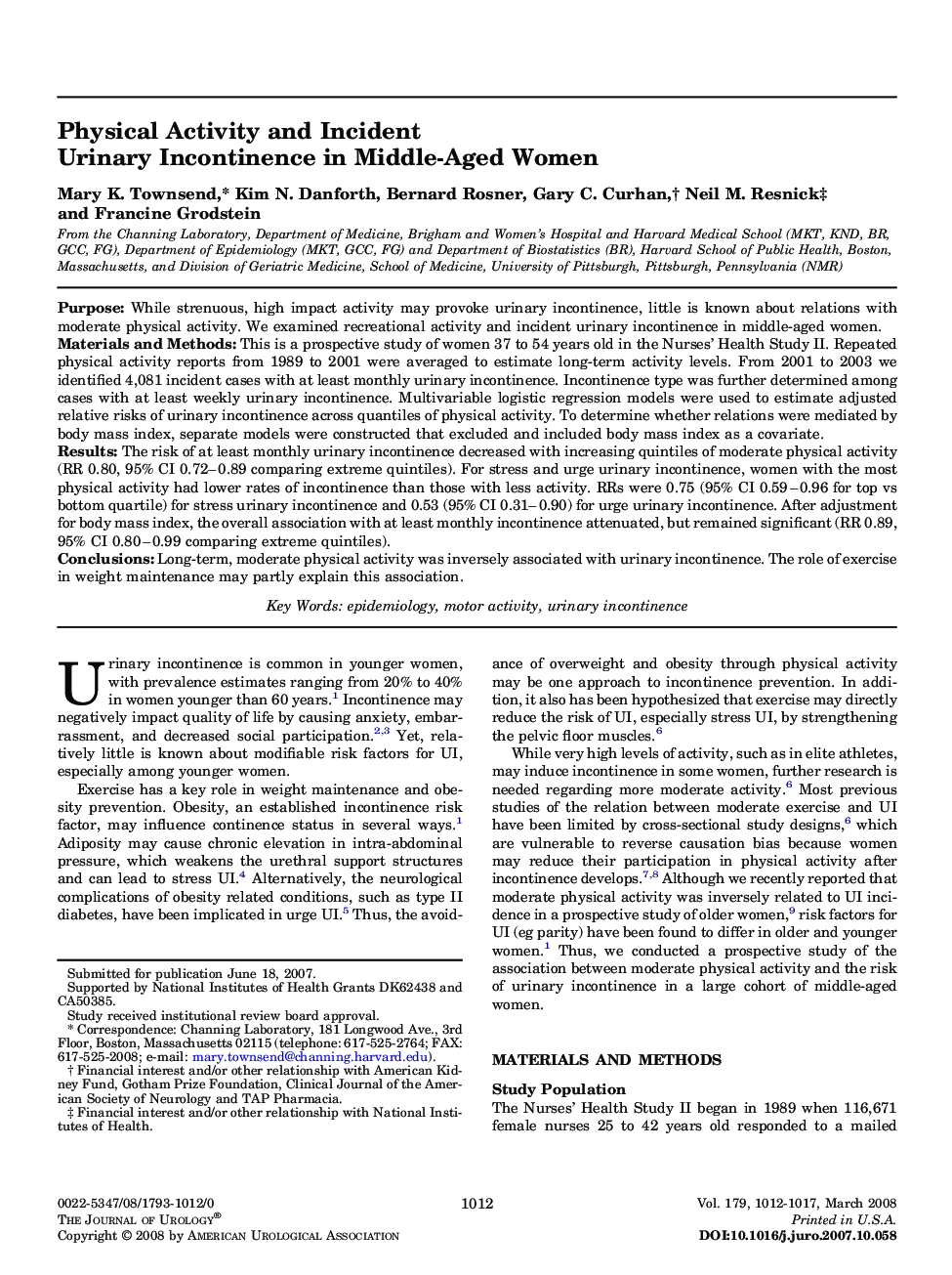 Physical Activity and Incident Urinary Incontinence in Middle-Aged Women 