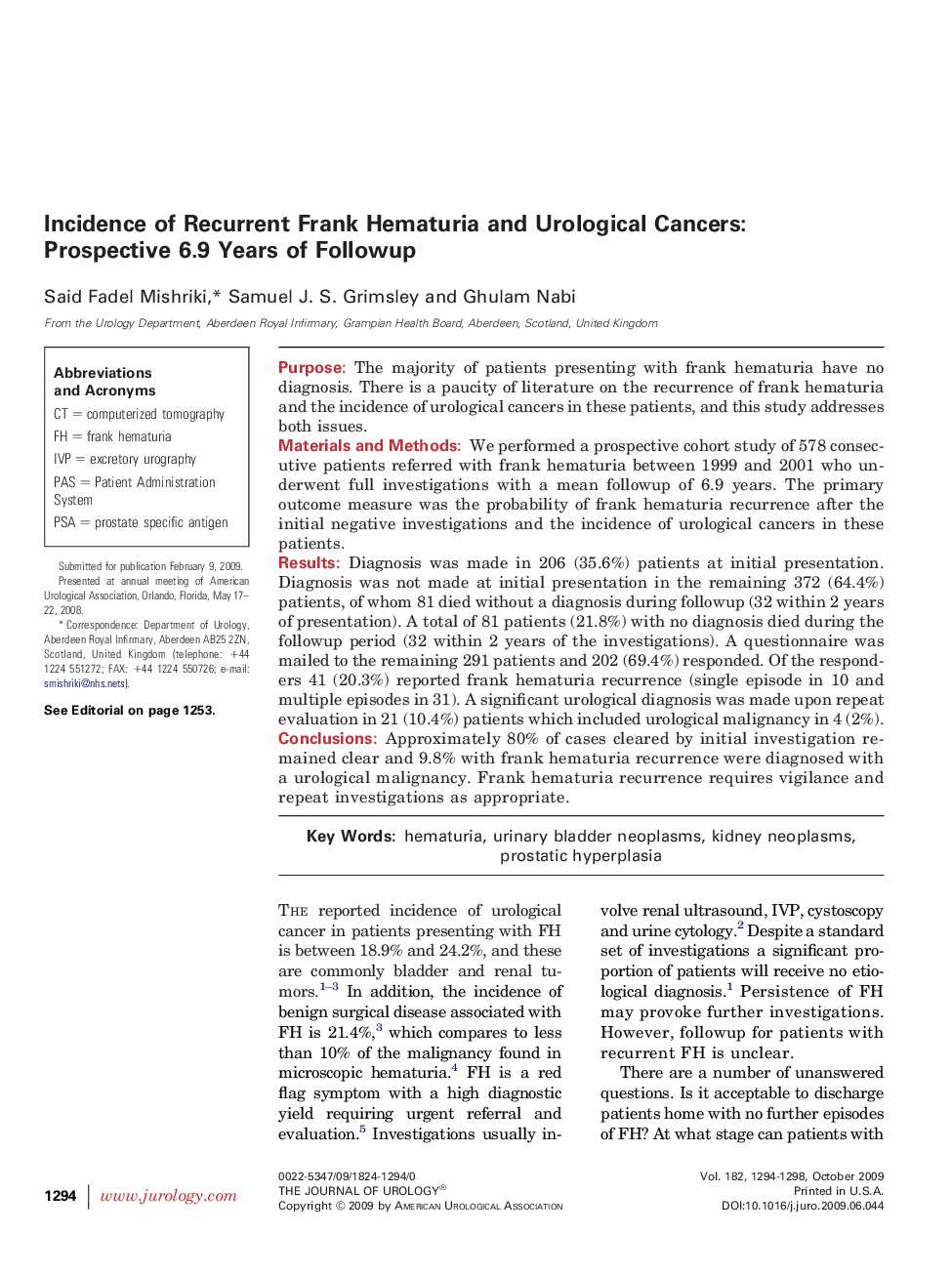 Incidence of Recurrent Frank Hematuria and Urological Cancers: Prospective 6.9 Years of Followup 