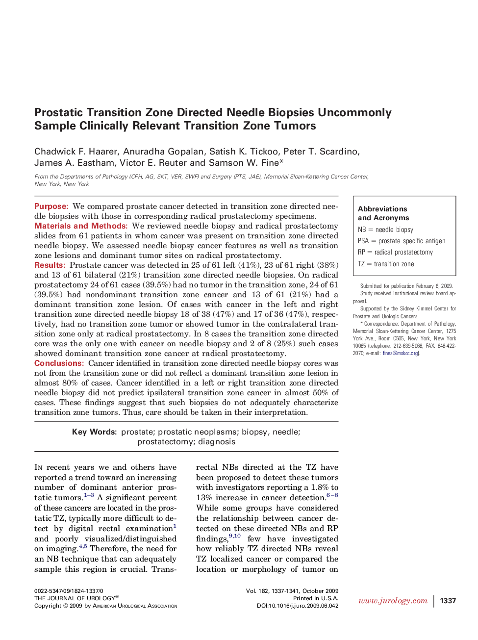 Prostatic Transition Zone Directed Needle Biopsies Uncommonly Sample Clinically Relevant Transition Zone Tumors