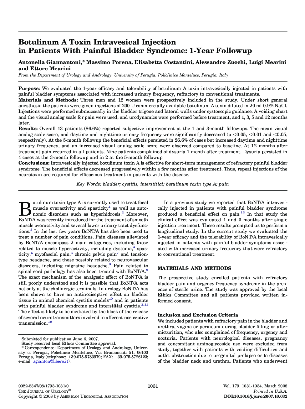 Botulinum A Toxin Intravesical Injection in Patients With Painful Bladder Syndrome: 1-Year Followup 