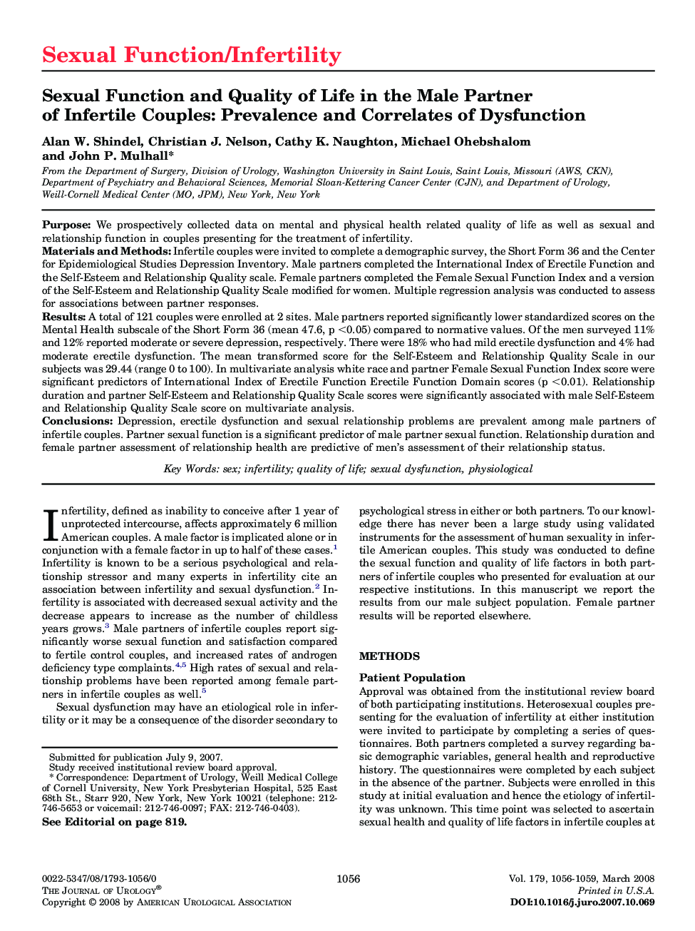 Sexual Function and Quality of Life in the Male Partner of Infertile Couples: Prevalence and Correlates of Dysfunction 