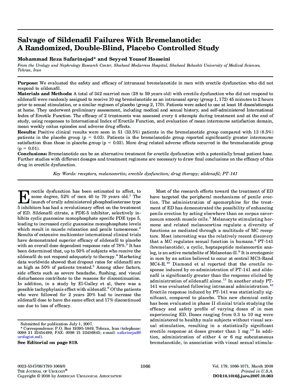 Salvage of Sildenafil Failures With Bremelanotide: A Randomized, Double-Blind, Placebo Controlled Study 