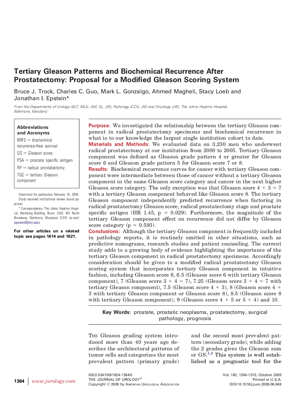 Tertiary Gleason Patterns and Biochemical Recurrence After Prostatectomy: Proposal for a Modified Gleason Scoring System