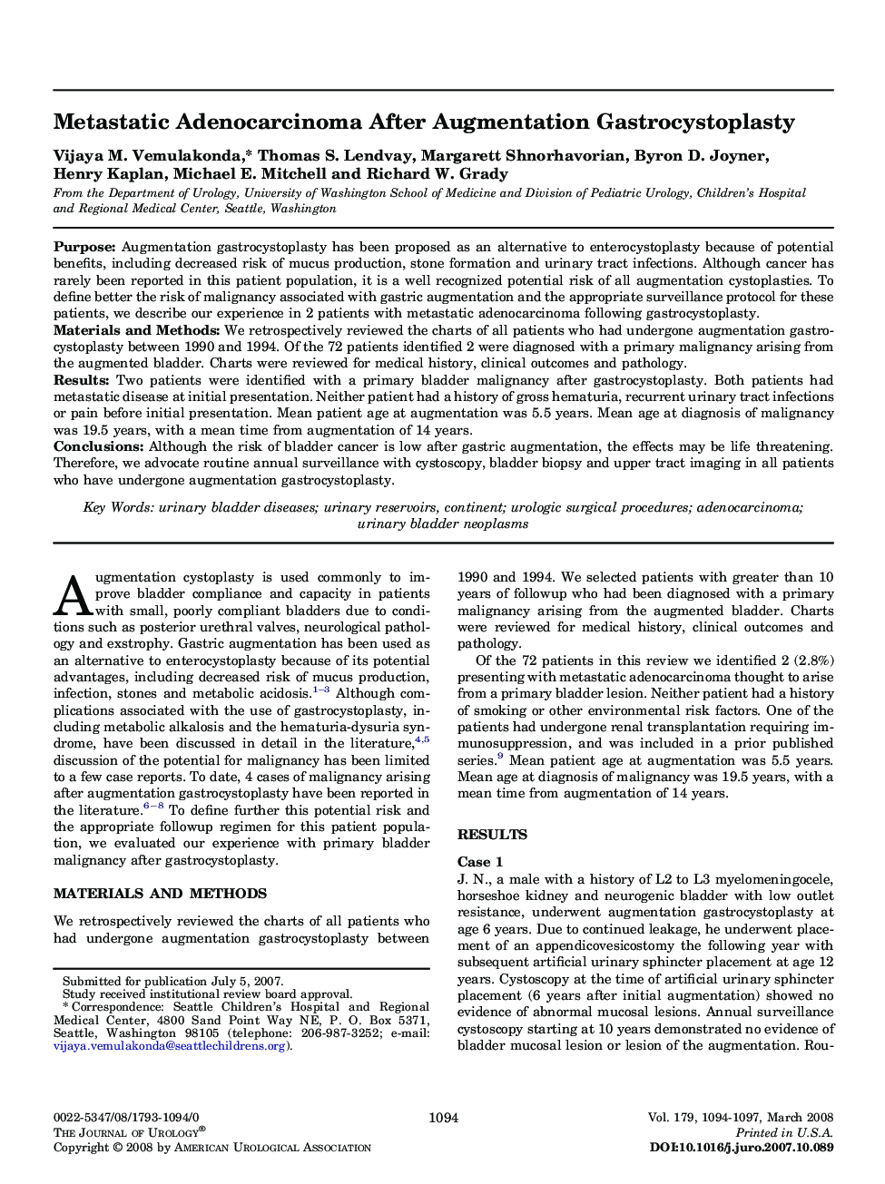 Metastatic Adenocarcinoma After Augmentation Gastrocystoplasty