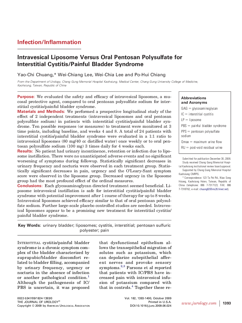 Intravesical Liposome Versus Oral Pentosan Polysulfate for Interstitial Cystitis/Painful Bladder Syndrome 