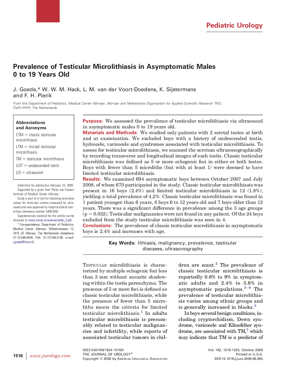 Prevalence of Testicular Microlithiasis in Asymptomatic Males 0 to 19 Years Old