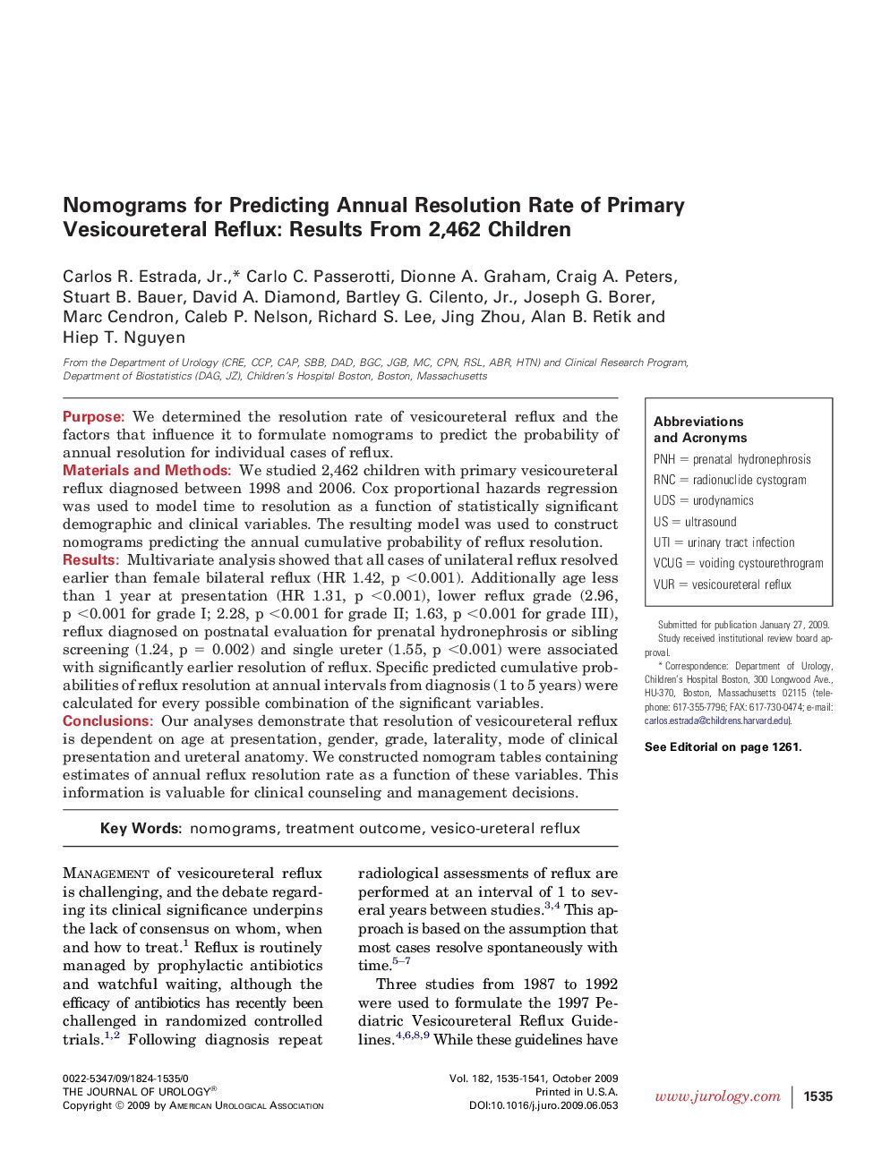 Nomograms for Predicting Annual Resolution Rate of Primary Vesicoureteral Reflux: Results From 2,462 Children