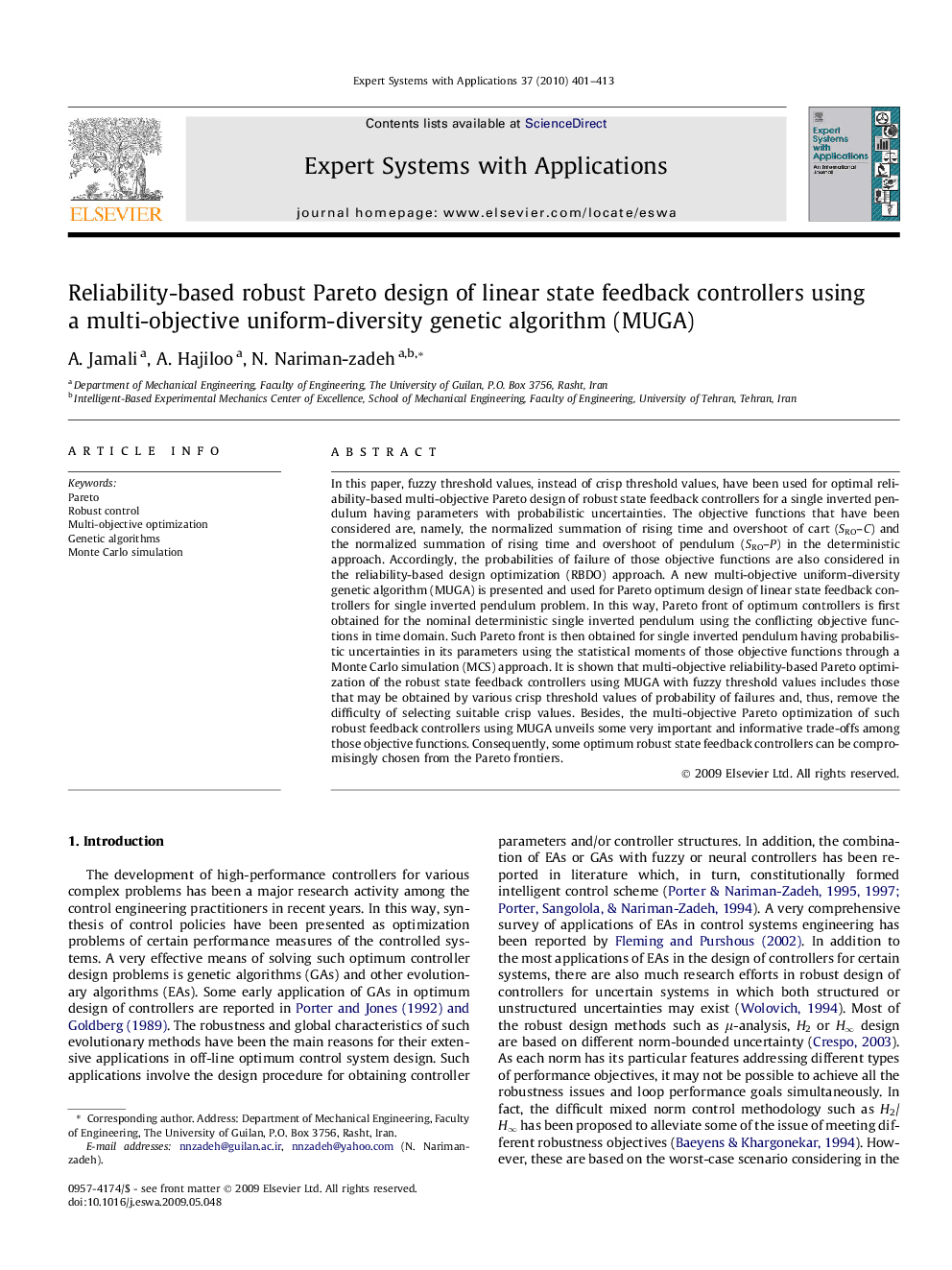 Reliability-based robust Pareto design of linear state feedback controllers using a multi-objective uniform-diversity genetic algorithm (MUGA)