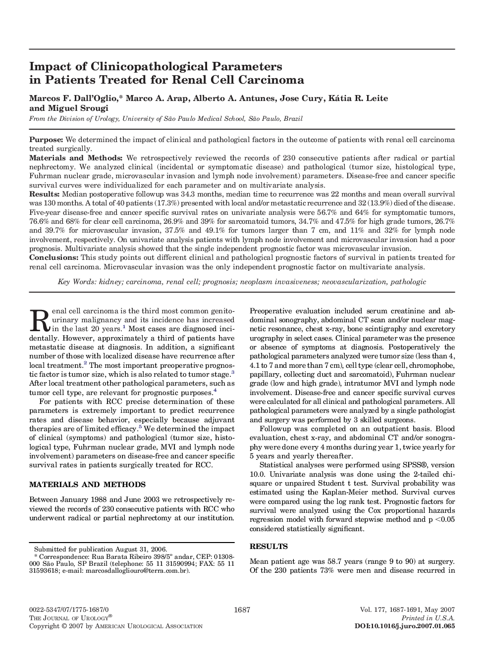 Impact of Clinicopathological Parameters in Patients Treated for Renal Cell Carcinoma