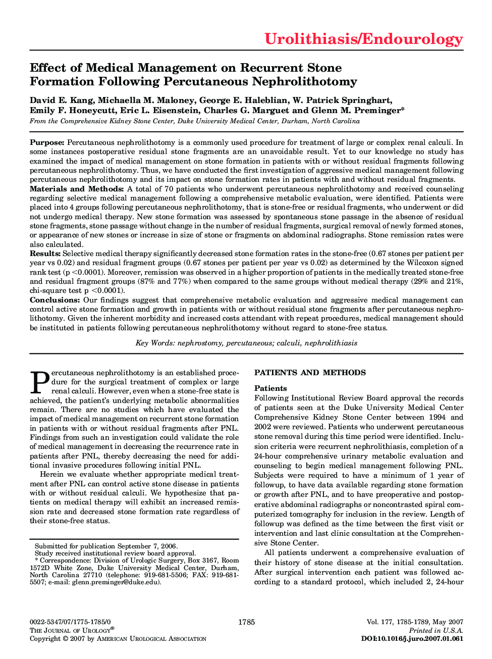 Effect of Medical Management on Recurrent Stone Formation Following Percutaneous Nephrolithotomy 