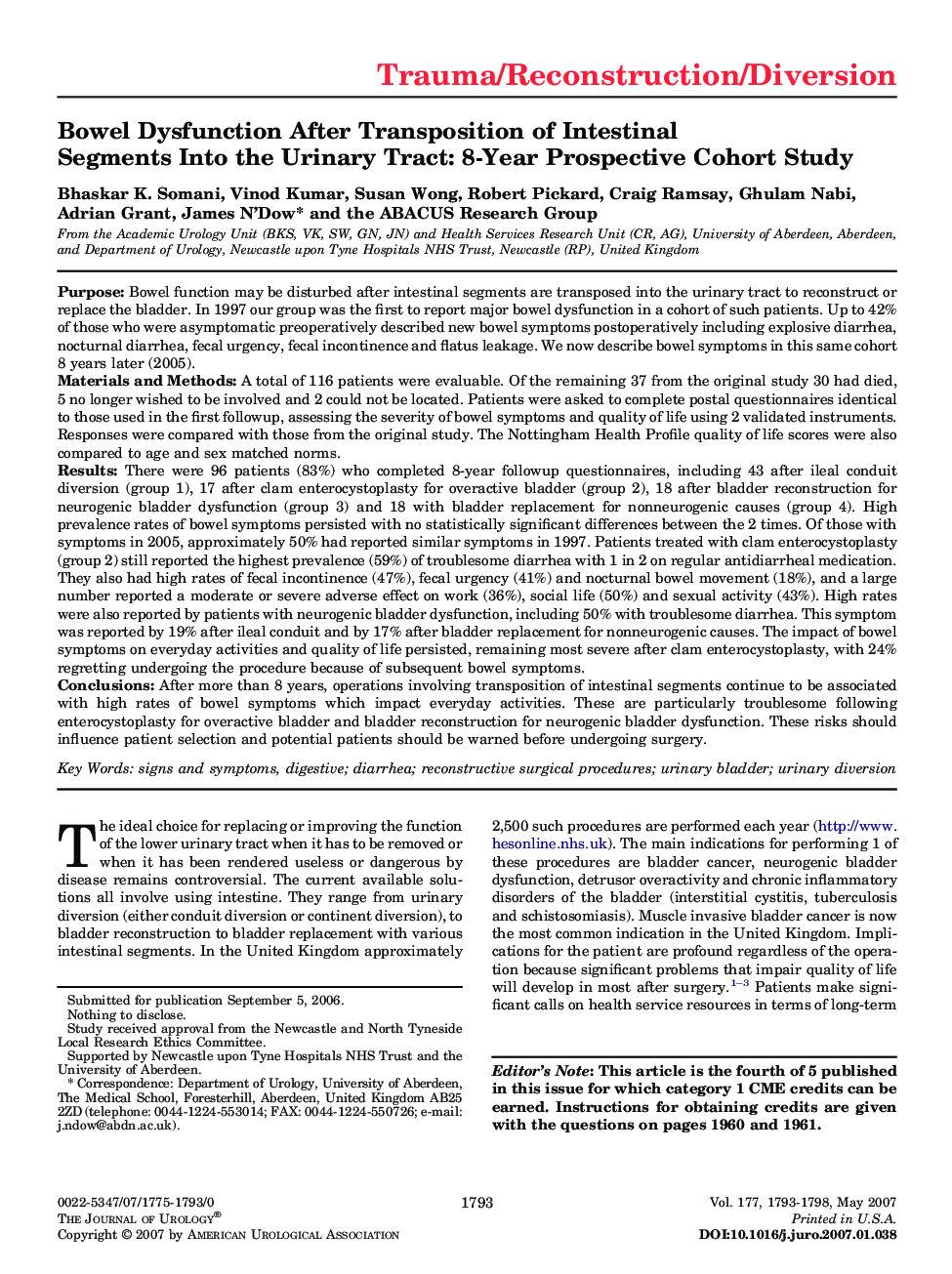 Bowel Dysfunction After Transposition of Intestinal Segments Into the Urinary Tract: 8-Year Prospective Cohort Study 