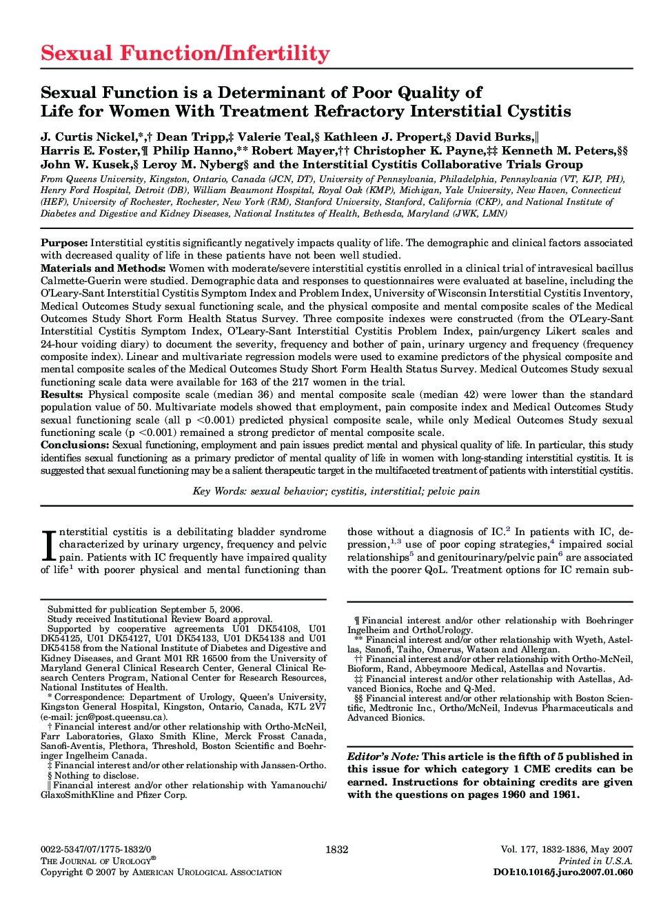 Sexual Function is a Determinant of Poor Quality of Life for Women With Treatment Refractory Interstitial Cystitis 